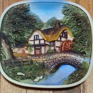 Vintage Cottagecore Wall Decor Plate Thatched Roof Cottage Bridge Scene‎